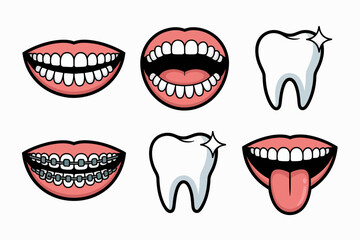 Orthodontic smile icon collection, braces before after, tooth sparkle, mouth open and closed, pediatric dental vectors, oral care
