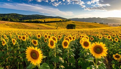 A vibrant summer landscape with a field of yellow sunflowers blooming against a backdrop of blue mountains