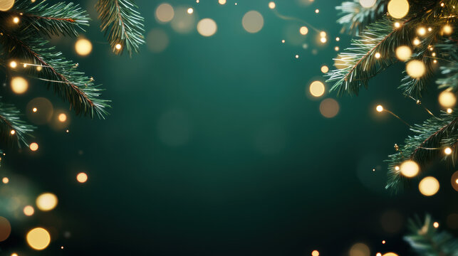 Elegant Christmas background with festive bokeh light on deep green backdrop. magical holiday invitation featuring fir branch with copy space for greeting