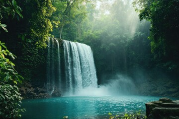 "Serene Tropical Waterfall in Lush Green Forest, Ideal for Nature - Inspired Projects"