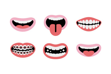 Open mouth laugh icons, tooth sparkle smile, tongue playful expressions, dental braces closeup, enamel, oral health emoticons, kid friendly set