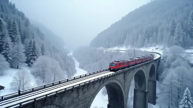 Landwasser Viaduct with Railroad at Winter Snowy Day in Switzerland. Aerial View. Swiss Alps. Drone Flies Upwards, Camera Tilts Down. Snowing