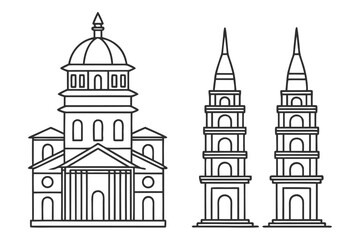 Line art illustration of a domed building and two towers on white background architecture drawing