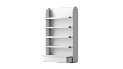 White, empty, store display shelving unit.  Four shelves, curved top, simple design