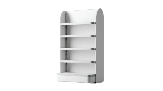 White, empty, store display shelving unit.  Four shelves, curved top, simple design