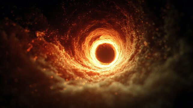 A mesmerizing digital rendering of a black hole, its event horizon glowing with intense energy, surrounded by swirling cosmic dust and distorted spacetime