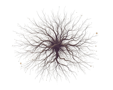 Abstract tree with intricate branches and roots against a stark contrasting arrangement