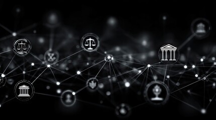 Legal infographic icons connect digital background symbolizes law complexity justice systems information accessibility fairness protection compliance technology governance order rights