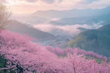 "Spring Blossom Mountain Landscape with Misty Valleys and Rural Village"