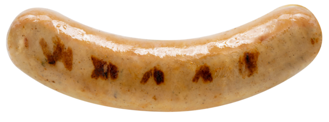 German bratwurst sausages isolated on white background. Grilled smoke beef sausage isolated on white background With clipping path PNG file.