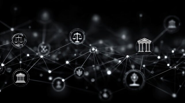 Legal infographic icons connect digital background symbolizes law complexity justice systems information accessibility fairness protection compliance technology governance order rights