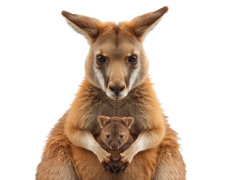 Adorable kangaroo mother lovingly cradling her joey in her pouch on an isolated backdrop