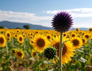 A vibrant purple globe thistle stands amidst a field of sunflowers, showcasing a beautiful contrast against a backdrop of mountains and a clear sky.