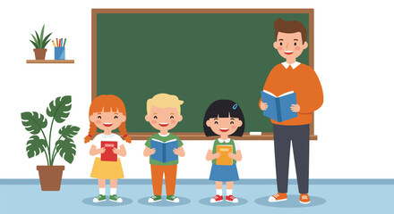 Teacher and Students Reading Books in Classroom.