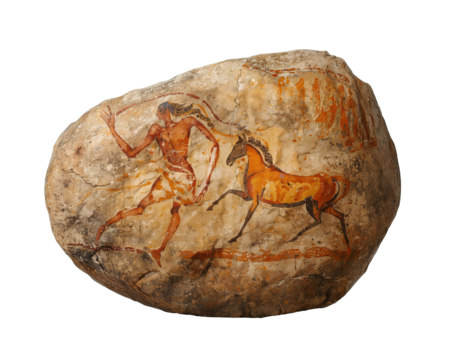 Ancient Art Depicting a Man Running Alongside a Horse on a Stone, Echoing Historical Caves