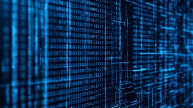 blue digital binary data on a rotatable computer screen. 4k video