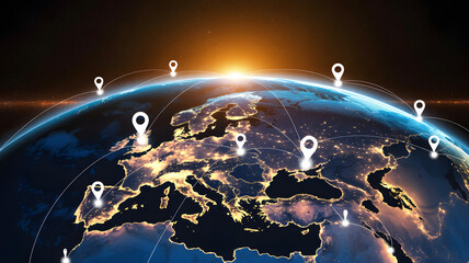 Global network connections visualized over illuminated Earth at sunrise