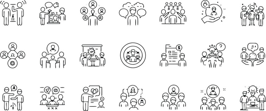Modern business icons illustrating teamwork collaboration communication and strategy for corporate success