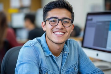 Smiling young man in glasses and a denim shirt sitting at an office desk, actively working and conversing on a video call, staying engaged and approachable in a professional environment, Generative AI