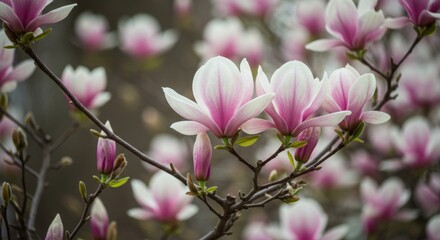Obraz premium Magnolia spring background, elegant white-pink flowers with clean copy space