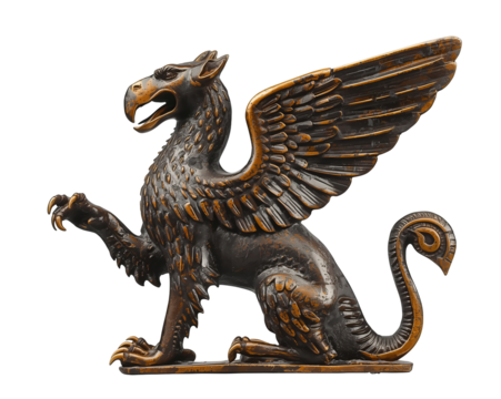 Antique bronze griffin statue, mythological creature with majestic wings, exquisite detailing