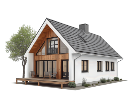 Architectural Visualization, Modern Single-Family Home Design with Wooden Accents and Landscaping