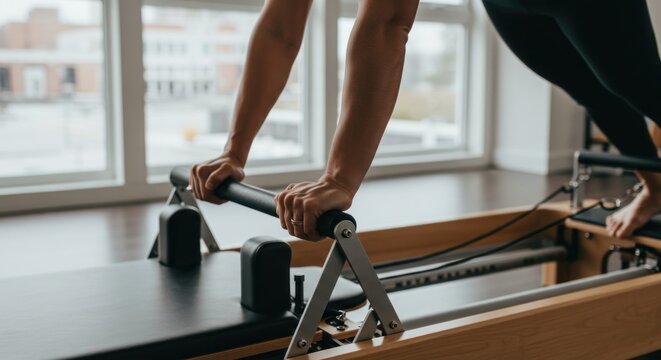 Womans hands gripping a Pilates reformer bar
