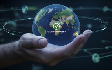Global Acquisition Success A Hand Holding a Digital Earth with a Checkmark, symbolizing successful acquisitions, globalization, business strategy, and market expansion