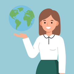 Woman Holding Planet Earth in Hand.