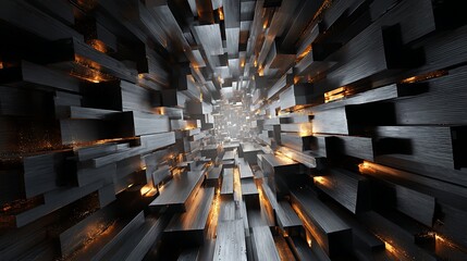 Obraz premium Abstract 3d render of a futuristic tunnel with metallic blocks and glowing lights, creating a modern and industrial perspective