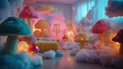 Fantasy dreamscape baby room with magical mushroom lights and floating clouds creating a whimsical world of comfort and imagination for newborns