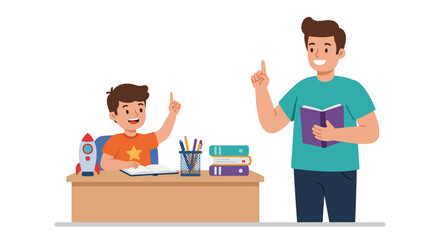 Young student raising hand to answer teachers question.