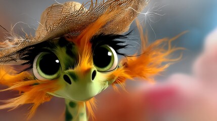 Cute cartoon bird with large eyes, straw hat, and orange feathers