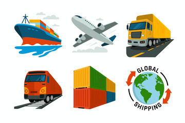Intermodal shipping icons, container box, cargo train wagon, cargo plane silhouette, maritime vessel, supply chain globe rotation, logistical transport vector