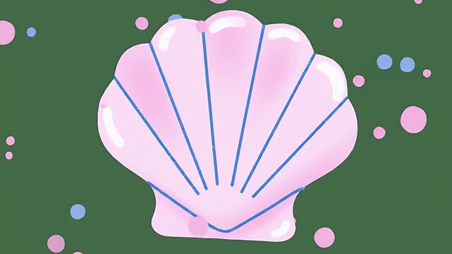 Isolated Pink Seashell Illustration with Blue Lines and Colorful Bubbles on Green Background