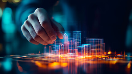 An architect brings architectural designs to life with 3D holographic construction models. The concept of innovation in architecture and futuristic design. Generative Ai.