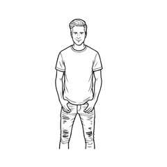 Handsome Man Black and White Illustration Vector Image Male Portrait Fashion Sketch Line Art Design	