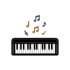Whimsical keyboard composition with floating musical notation expressing creativity