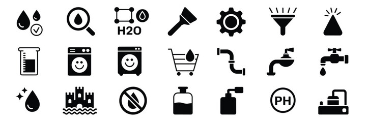 Water and Plumbing Icon Set – Black Line Icons for Filtration, Cleaning, and Utility Systems