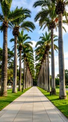 A neatly paved walkway, lined with tall palm trees, stretches into the distance under a partly cloudy sky.