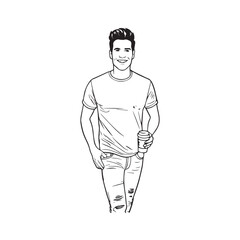 Handsome Man Black and White Illustration Vector Image Male Portrait Fashion Sketch Line Art Design	