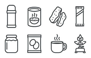 Gray outline icons of camping food items on dark background