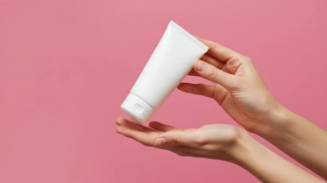 White cosmetic tube held in hands against pink background