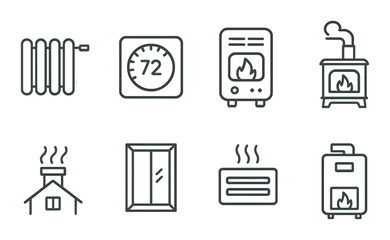 Icons of heating systems and temperature control devices on grayscale background