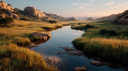 Fototapeta premium Golden Meadow Sunrise Landscape with Calm Stream and Rocky Hills