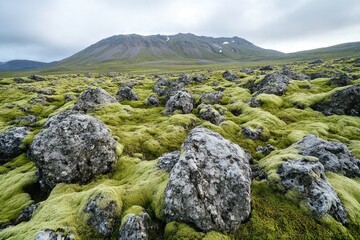 Green Mossy Rocky Landscape with Mountainous Background