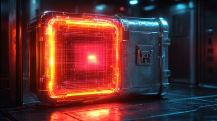 Obraz premium A wireframe safe is depicted in three dimensions with vibrant, glowing holographic edges, embodying a concept of futuristic digital security within a high-tech environment.