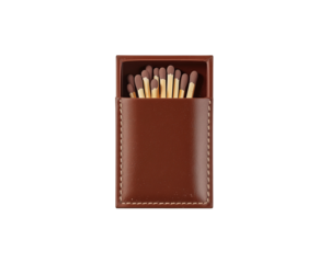 Elegant brown leather matchbox filled with wooden matches isolated on plain surface