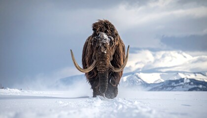 A massive woolly mammoth walking through a snowy tundra, captured from a low-angle shot with a dramatic cloudy sky.