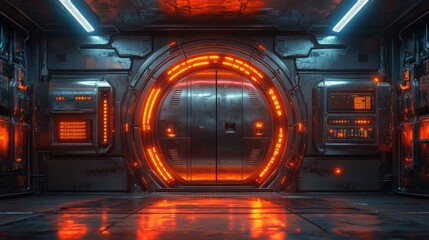 Futuristic high-tech vault designs showcasing glowing neon security lines in a cyberpunk atmosphere with a dark moody background for imaginative settings